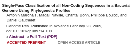 Single-pass classification of all noncoding sequences in a bacterial genome using phylogenetic profiles.